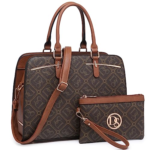 Dasein Women Satchel Handbags Shoulder Purses Totes Top Handle Work Bags with 3 Compartments (DS Monogrammed Coffee)