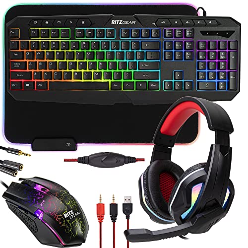 Ritz Gear RGB Gaming Accessories Kit | 4-in-1 Rainbow LED Backlight Bundle PC Combo with Multimedia Keyboard, Optical Mouse, Mouse Pad & Headset w/Adapter | for Windows 7+ Desktop, Laptop, Xbox & PS4