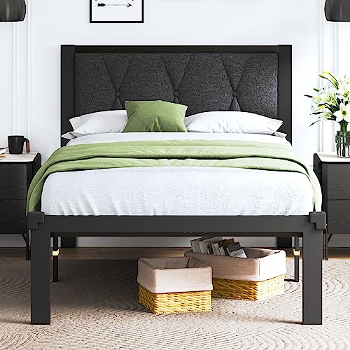 Feonase Twin Size Metal Bed Frame with Fabric Button Tufted Headboard, Platform Bed Frame with Heavy Duty Metal Slats, 12' Storage Space, Noise Free, No Box Spring Needed, Dark Grey