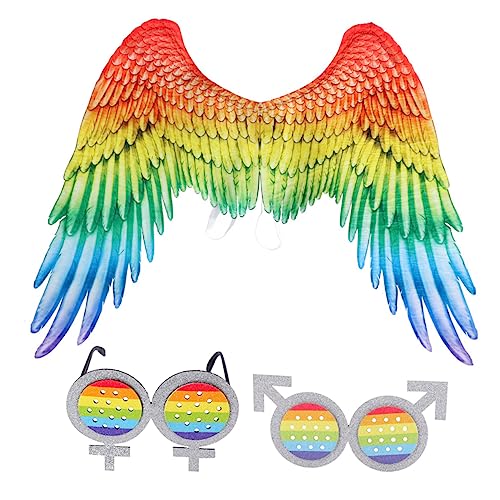 Holibanna 3pcs Gay Angel Wings and Glasses Gay Wing Rainbow Decors Unisex Halloween Supplies Adult Costume Bride and Groom Cake Toppers Dreses Makeup Decorate Cosplay Men and Women
