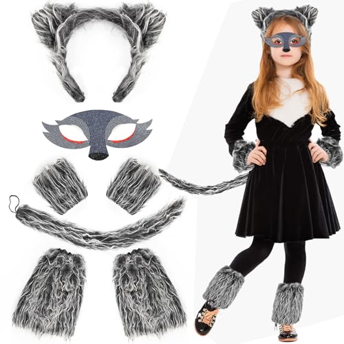 Matiniy 8PCS Wolf Costume Accessories Set for Toddlers Girls Includes Wolf Ears Headband Eyemask Gloves Tail Leg Warmers Black Tutu Skirt for Halloween Wolf Cosplay Party Supplies