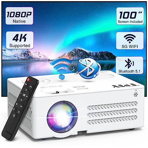 TMY Projector with WiFi and Bluetooth【100' screen included】Native 1080P Outdoor Projector, 4K Supported Portable Projector, Compatible with iOS/Android/PC/TV Stick/HDMI/AV/USB, Indoor Outdoor Use