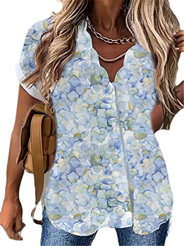 Women's Summer Short Sleeve T-Shirt Floral Printing Casual Button Shirts manyinhuaban S