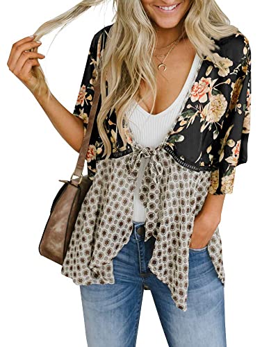 Women Boho Floral Kimono Cardigans 3/4 Sleeve Flowy Belt Tie Loose Cover Up Shirt Blouse Tunic Tops