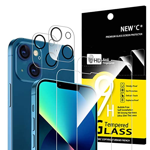 NEW'C Pack of 4, 2 x Tempered Glass Screen Protectors for iPhone 13 (6,1') and 2 x Camera Tempered Glass for Camera Protection, Scratch-Resistant, No Air Bubbles, Extremely Durable, 9H Hardness Glass