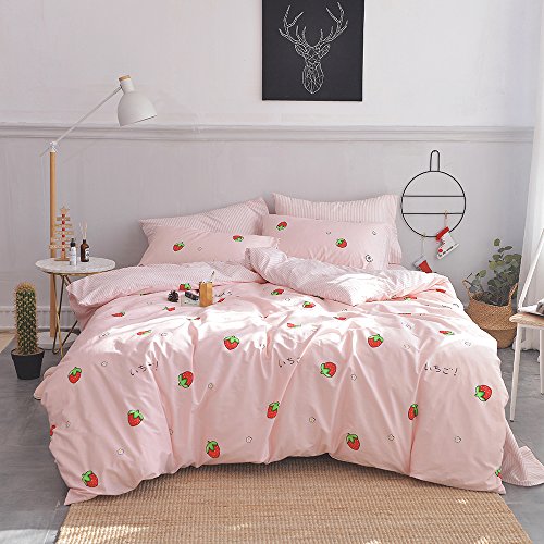 AOJIM Duvet Cover Set Pure Cotton Cute Pink Anime Bedding Set 3 PCS with Zipper Closure, 1 Kawaii Strawberry Duvet Cover and 2 Pillowcases, Japanese Style Quilt Cover Twin, No Comforter