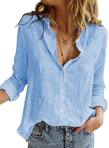 Astylish Women Fashion Clothing Long Sleeve Button Up Linen Shirts Business Casual Clothes Blue X-Large