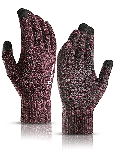 TRENDOUX Winter Gloves for Women, Knit Touch Screen Glove Texting Smartphone Driving - Anti-Slip - Elastic Cuff - Thermal Soft Upgraded Lining - Hands Warm in Cold Weather - Rose - L