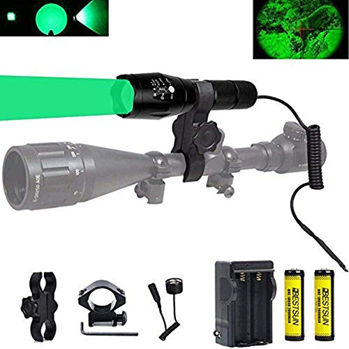 BESTSUN Green Light 350 Yards Predator Light Zoomable Tactical Hunting Green Led Flashlight Coyote Varmint Hunt Torch with Pressure Switch, Rail & Scope Mounts, Batteries and Charger