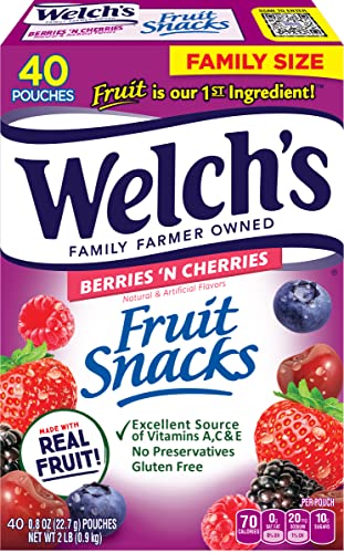 Welch's Fruit Snacks, Berries 'n Cherries, Perfect Easter Basket Stuffers, Gluten Free, Bulk Pack, Individual Single Serve Bags, 0.8 oz (Pack of 40)