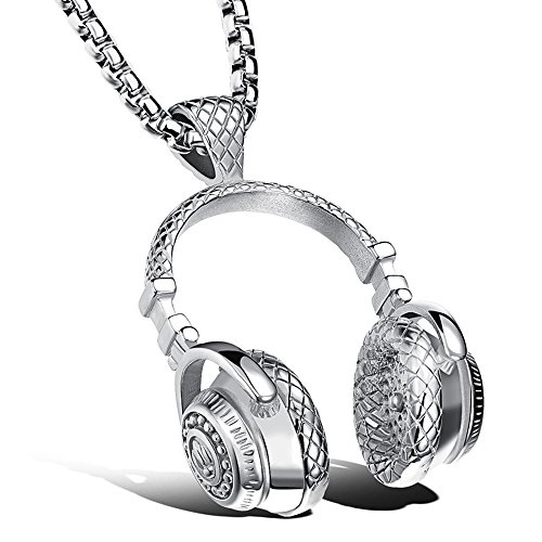 Apopo Swag Music Jewelry Headphone Pendant DJ Silver Stainless Steel Necklace with 23' Chain - Silver