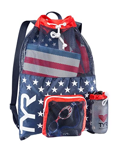 TYR Big Mesh Mummy Backpack For Wet Swimming, Gym, and Workout Gear, Red/Navy, One Size (LBMMB3)
