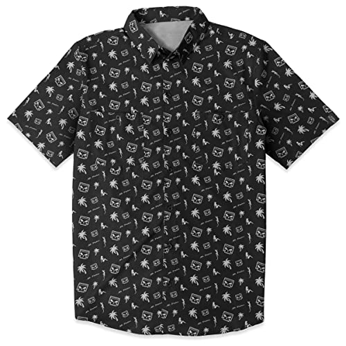 American Biker Men's Mr Piston Palms Lightweight Performance Short Sleeve Button-Down Shirt (X-Large, Black Shirt Grey Print)