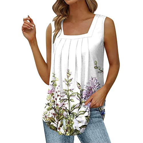 Discounted Items in Warehouse Deals Summer Tank Tops for Women 2024 Casual Loose Pleated Square Neck Sexy Sleeveless T Shirts Trendy Boho Printed Graphic Tees Beach Vacation Cute Blouses Clothes