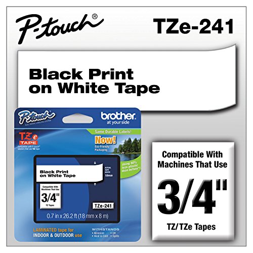Brother Genuine P-Touch TZE-241 Tape, 3/4' (0.70') Standard Laminated P-Touch Tape, Black on White, Perfect for Indoor or Outdoor Use, Water Resistant, 26.2 Feet (8M), Single-Pack
