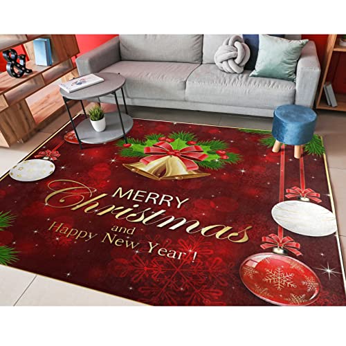 ALAZA Merry Christmas Snowflake Ball Snow Red Non Slip Area Rug 7' x 5' for Living Dinning Room Bedroom Kitchen Hallway Office Modern Home Decorative