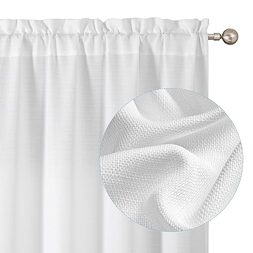 Chyhomenyc White Curtains 84 Inch Length 2 Panels Set, Faux Linen Textured Semi Sheer Light Filtering Soft Airy Privacy Farmhouse Curtain Drapes for Living Room Bedroom, Cortinas Para Sala, 40Wx84L