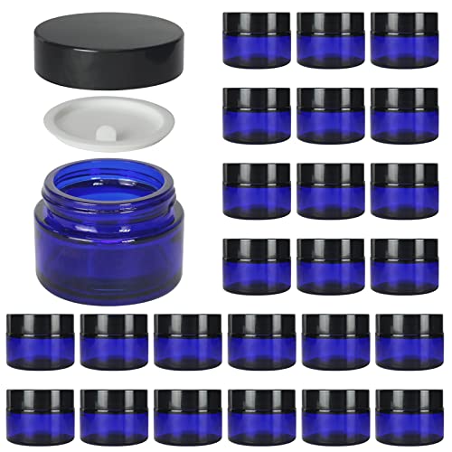 BPFY 24 Pack 1 oz Round Blue Glass Cosmetic Jars with Lids And Inner Liners, Travel Glass Jars, Refillable Cosmetic Containers for Ointments, Lotion, Lip Scrub, Makeup, Eyeshadow, Slime, Paint