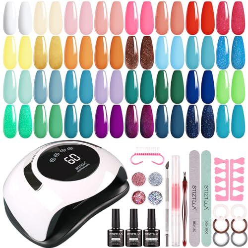 Btiztlla 32 Colors Gel Nail Polish Kit with UV Light 120W Nail Dryer, Yellow Blue Glitter Gel Nail Polish Set, UV LED Nail Lamp No Wipe Base Top Coat Nail Art Decorations Manicure Tools Starter Kit