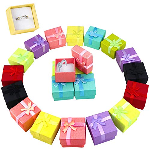 PRALB 32PCS Assorted Jewelry Gifts Boxes, Jewelry Boxes Cardboard Ring Boxes Jewelry Storage Cube Satin Ribbons Bowknot For Anniversaries Weddings Birthdays (8 Colors, 1.57' x 1.57' x 1.06')