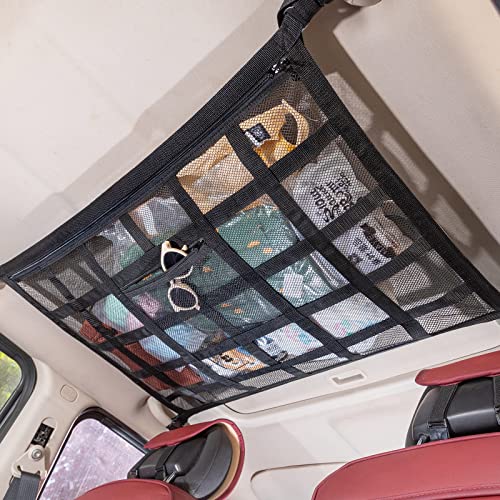 Upgrade Car Ceiling Cargo Net Pocket,31.5'x21.6' Strengthen Load-Bearing and Droop Less Double-Layer Mesh Car Roof Storage Organizer,Truck SUV Travel Long Road Trip Camping Interior Accessories