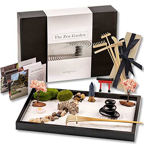 Island Falls Home Zen Garden Kit 11x8in. Beautiful Japanese Decor Mini Rock Garden Gift Set for Home, Office Desk. Zen Sand Garden, 6 Tools, 15 Accessories. Desktop Meditation Room Sand Tray Therapy