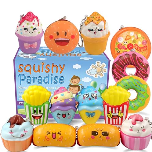 POKONBOY Squishies Donut Squishy Toys, 14 Pack Food Squishies Kawaii Cute Donuts & Ice Cream & Pizza Slow Rising Creamy Scent Stress Relif Squishies Pack Party Favors Decorative with Key Chain