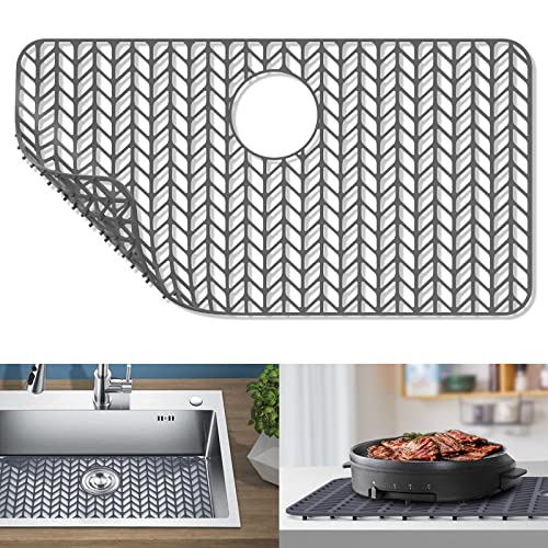 AWOKE Sink Protectors for Kitchen Sink - 28.4'x 15.2' Sink Mat - Heat-resistant Easy-clean Silicone Sink Mat - for Protection of Stainless Steel Sink - with Rear Drain (Grey)