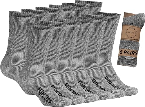 FUN TOES Men's Hiking Crew Merino Wool Socks 6 Pairs Lightweight, Reinforced Size 8-12 (Black)