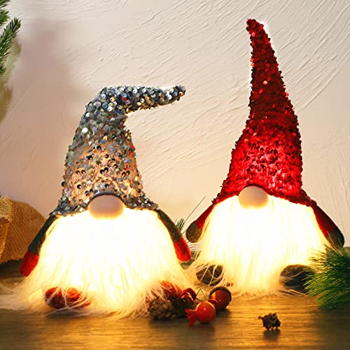 Juegoal 12' Lighted Christmas Gnome, Handmade Sequins Hat Scandinavian Swedish Tomte, Light Up Plush Elf Toy Holiday Present, Battery Operated Winter Tabletop Christmas Decorations, 2 Set