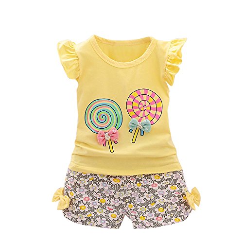 AMIMOJY Baby Girls' Toddler Summer Outfit Lollipop Floral Print T-shirt Tops and Shorts Casual Kids 2Pcs Clothes Set (Yellow, 3-4T)