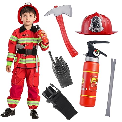 Spooktacular Creations Kids Firefighter Costume, Red Fireman Costume with Complete Firefighter Accessories for Kids Halloween Dress-up Parties, Fireman Role Play (Small (5-7yr))