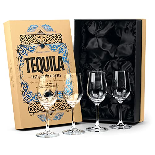 Tequila Tasting and Sipping Glasses | Tequila Glassware Collection | Set of 4 | 5.5 oz Crystal Snifter Copitas for Drinking Blanco, Reposado, Anejo Tequilas | Liquor and Spirits Sippers