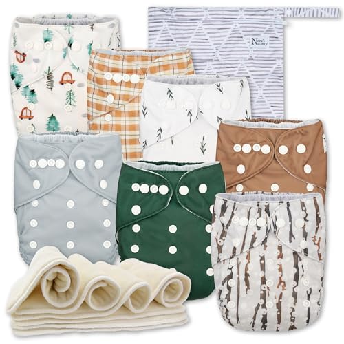 Nora's Nursery Cloth Diapers 7 Pack with 7 Inserts & 1 Wet Bag - Waterproof Cover, Washable, Reusable & One Size Adjustable Pocket Diapers for Newborns and Toddlers - Woodlands