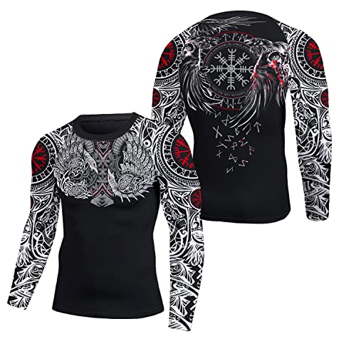 365CUSGIFTS - Breathable Fabric Compression Shirt, Mens Rash Guard Long Sleeve, Rash Guard Jiu Jitsu Viking Raven Runes - S