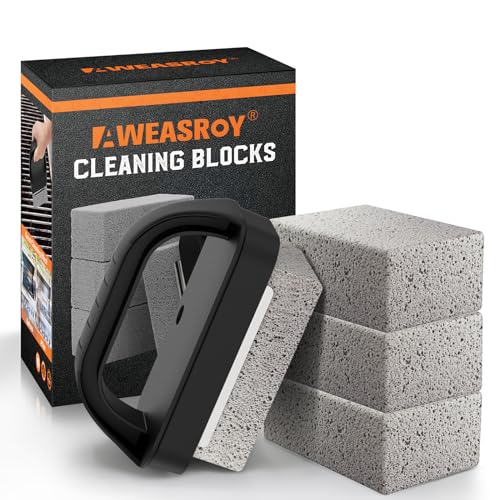 Heavy Duty Grill Cleaner, Grill Cleaning Bricks with Handle, Pumice Griddle Cleaning Stone Removing Stains for BBQ, Swimming Pool, Sink(4 Pack)