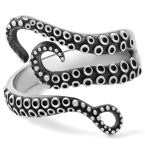 SA SILVERAGE Mens Jewelry, Stainless Steel Octopus Rings for Women Wedding Band Vintage Punk Goth Adjustable Cool Men Party Ring Sea Monster