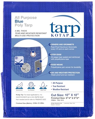 Kotap 10 x 10 Ft. All-Purpose Multi-Use Protection/Coverage 5-mil Poly Tarp, Waterproof, Blue, 1-Pack (TRA-1010)