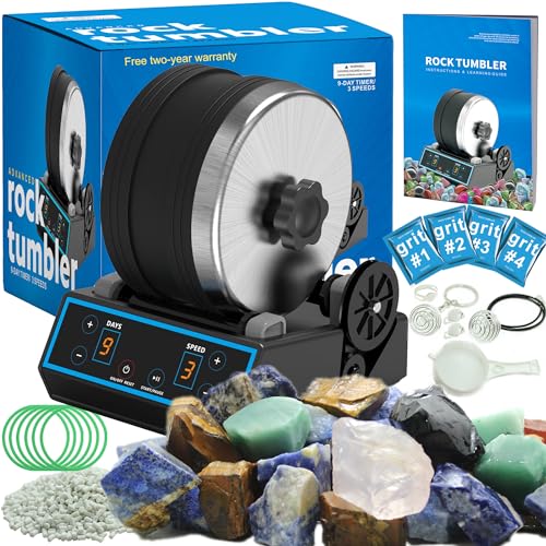 3.1LB Professional Rock Tumbler Kit with 6 Belts, 3 Speed Settings & Digital 9-Day Timer, Rough Gemstones, 4 Polishing Grits, STEM Science Kit for Adults Kids