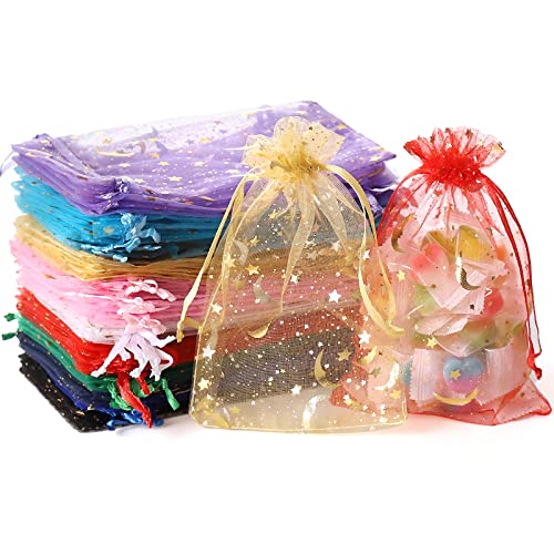 100PCS Moon Star Organza Bags, 4x6' Wedding Favors Bags with Drawstring, Mixed Color Little Mesh Candy Gift Pouches for Party, Jewelry, Christmas, Festival, Eid Mubarak Party Favor Bags