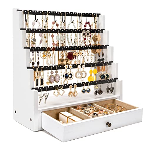 Pinzoveco Earring Organizer, 5 Layer Earring Holder Organizer with Necklace Holder Pole, Rustic Wood Jewelry Organizer Stand Display for Stud Earring Bracelet Necklace Ring, 175 Earring Holes