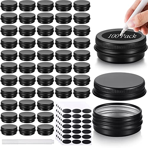 Patelai 100 Pcs Metal Tins 0.5 oz Screw Top Round Tin Cans Aluminum Tin Jar Lip Balm Tin Containers Bottle Empty Travel Cosmetic Tin Cans Container with 5 Sheets Label Stickers 1 Marker (Black)
