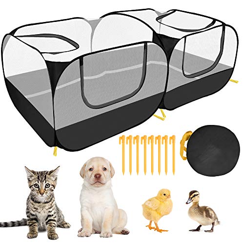 SlowTon Small Animals Playpen, Portable Large Chicken Run Coop with Detachable Bottom Breathable Transparent Mesh Walls, Foldable Pet Enclosure for Puppy Kitten Rabbits Indoor Outdoor