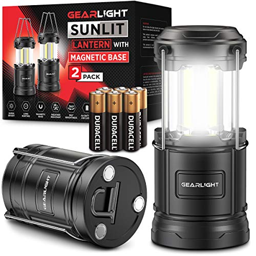 GearLight Camping Lantern - 2 Portable LED Battery Powered Lantern with Magnetic Base and Foldable Hook for Emergency Use or Campsites, Essential Hurricane Survival Kit with Batteries