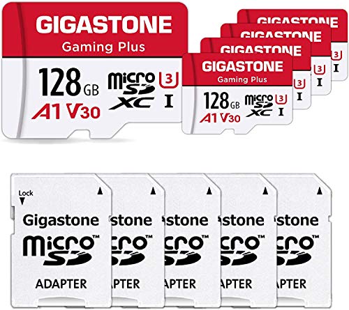 [Gigastone] Micro SD Card 128GB 5-Pack, Gaming Plus, MicroSDXC Memory Card for Nintendo-Switch, Wyze Cam, Roku, Full HD Video Recording, UHS-I U1 A1 Class 10, up to 100MB/s, with MicroSD to SD Adapter