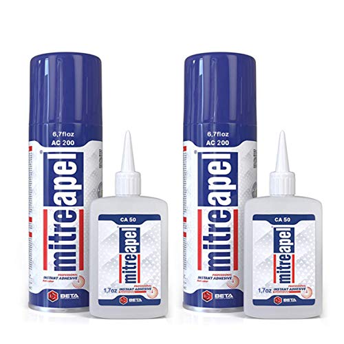 MITREAPEL Ca Glue with Activator (2 x 1.7 oz - 2 x 6.7 fl oz), Ca Glue for Woodworking, Cyanoacrylate Glue and Activator for Wood, Plastic, Metal, Leather, Ceramic and Craft - Instant Bond - 2 Pack