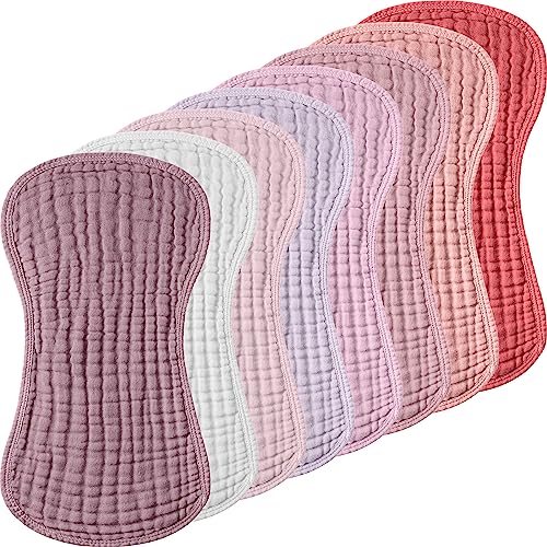 Frienda 8 Pieces Muslin Burp Cloths for Baby Cotton Burp Cloth 10 x 20 Inches Multi Colors Muslin Washcloths Diapers 4 Absorbent Layers Newborn Face Towels for Baby Boy Girl Unisex (Pink Purple Color)