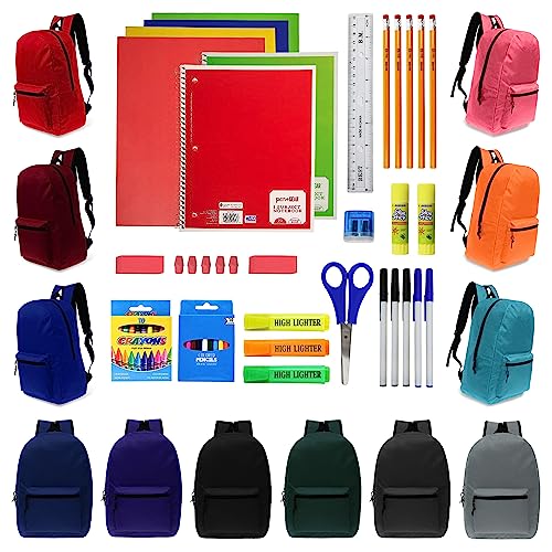 12-Pack 15' Backpacks with 52 Piece School Supplies Kits – Bulk Bundle Essential for Elementary, Middle, and High School Students, 12 Assorted Styles