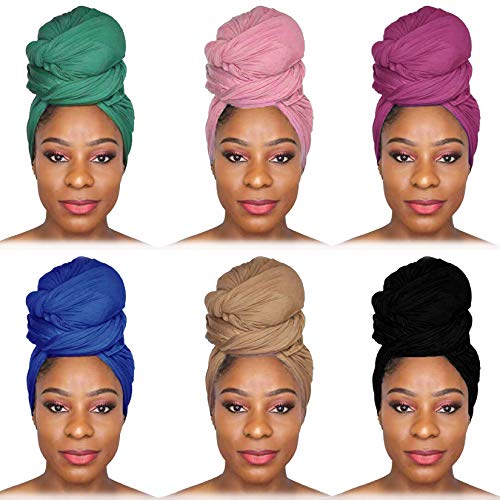 6 Pieces Head Wraps Scarf Long Turban Stretch Jersey Ultra Soft Urban Knit Hair Scarfs Solid Color African Headbands Tie Breathable Headwrap Fashion Shawls for Women