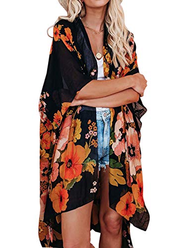 Jayscreate Women's Chiffon Kimono Cardigans Lightweight Batwing Summer Casual Long Boho Sheer Cute Cardigan for Women Coverup Tops